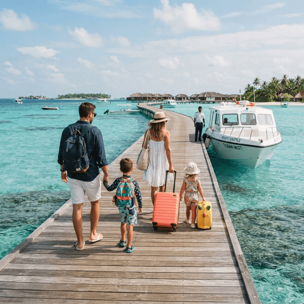 A family walking along a resort jetty with luggage toward a waiting speedboat
