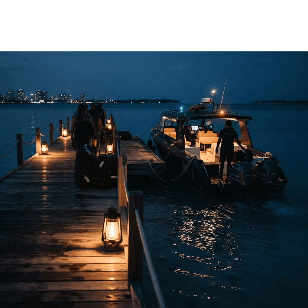 A speedboat waiting at a lit jetty at dusk in the Maldives