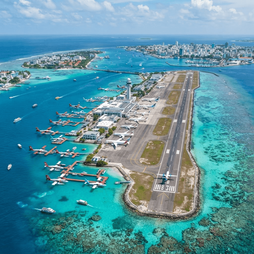 Aerial view of Velana International Airport on its island in Male