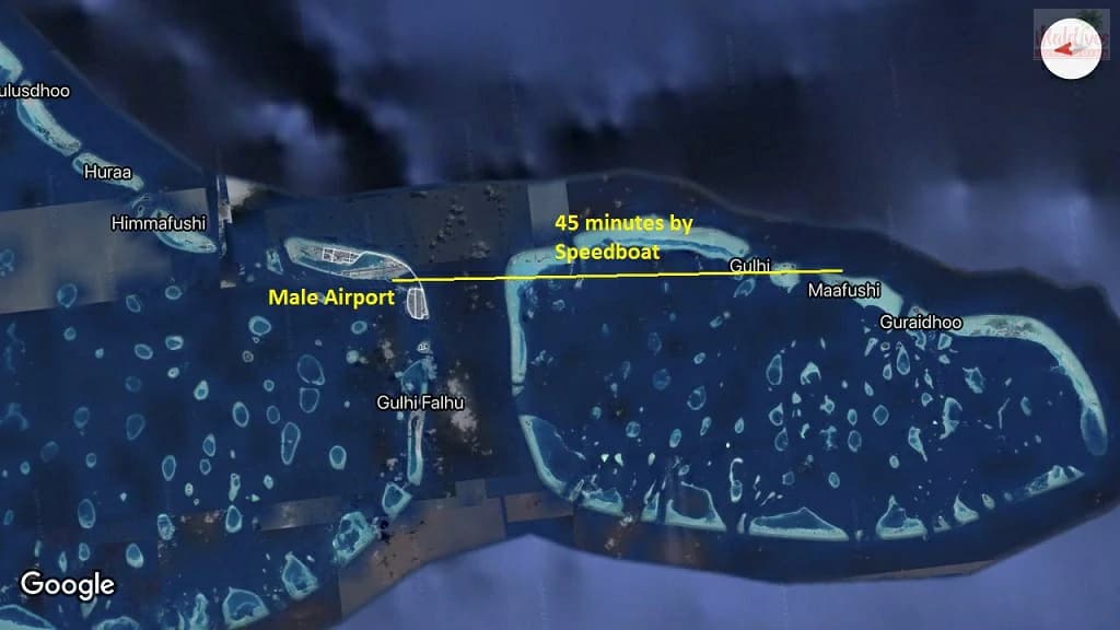 Map showing the speedboat route from Velana International Airport to Maafushi