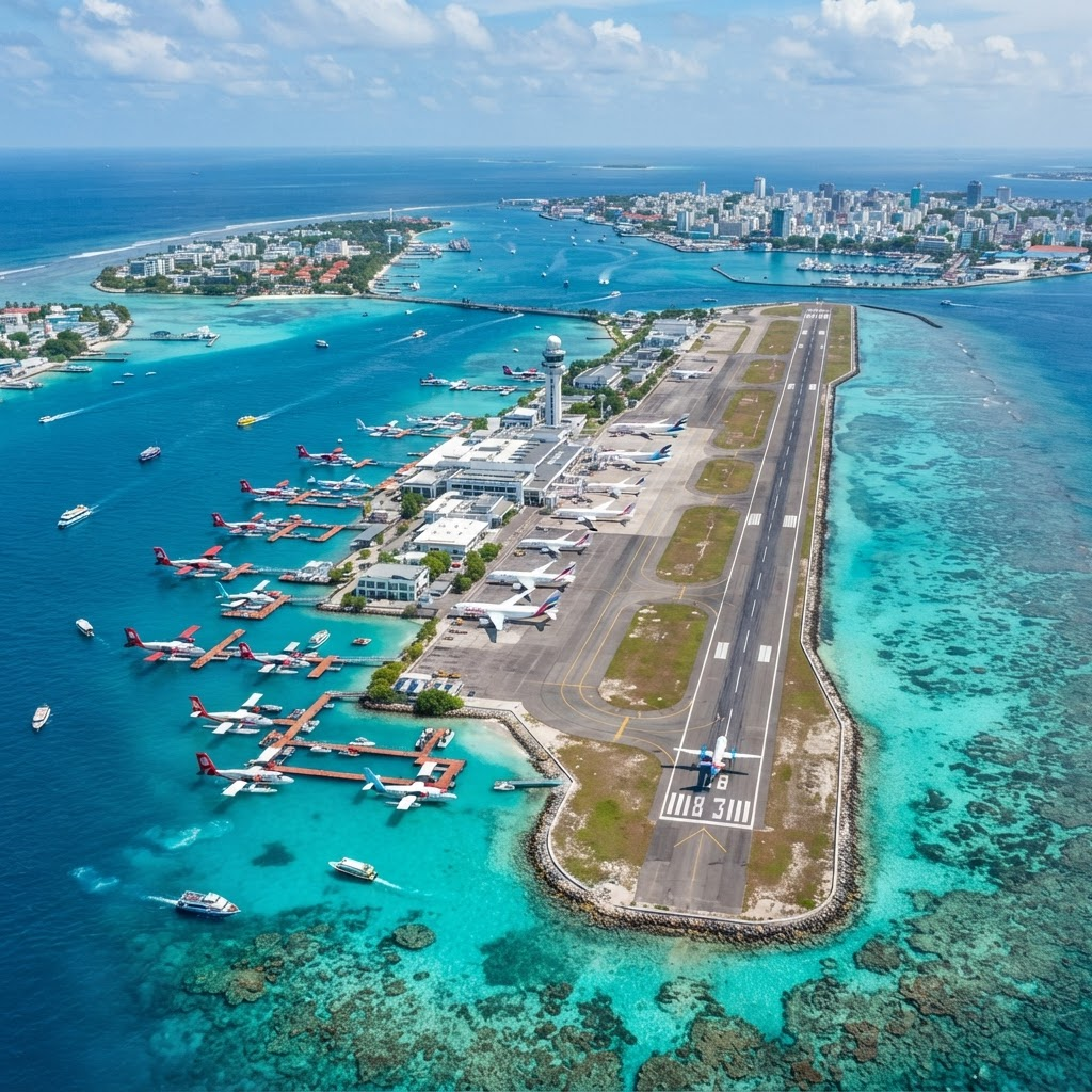 Aerial view of Velana International Airport on its island in Male