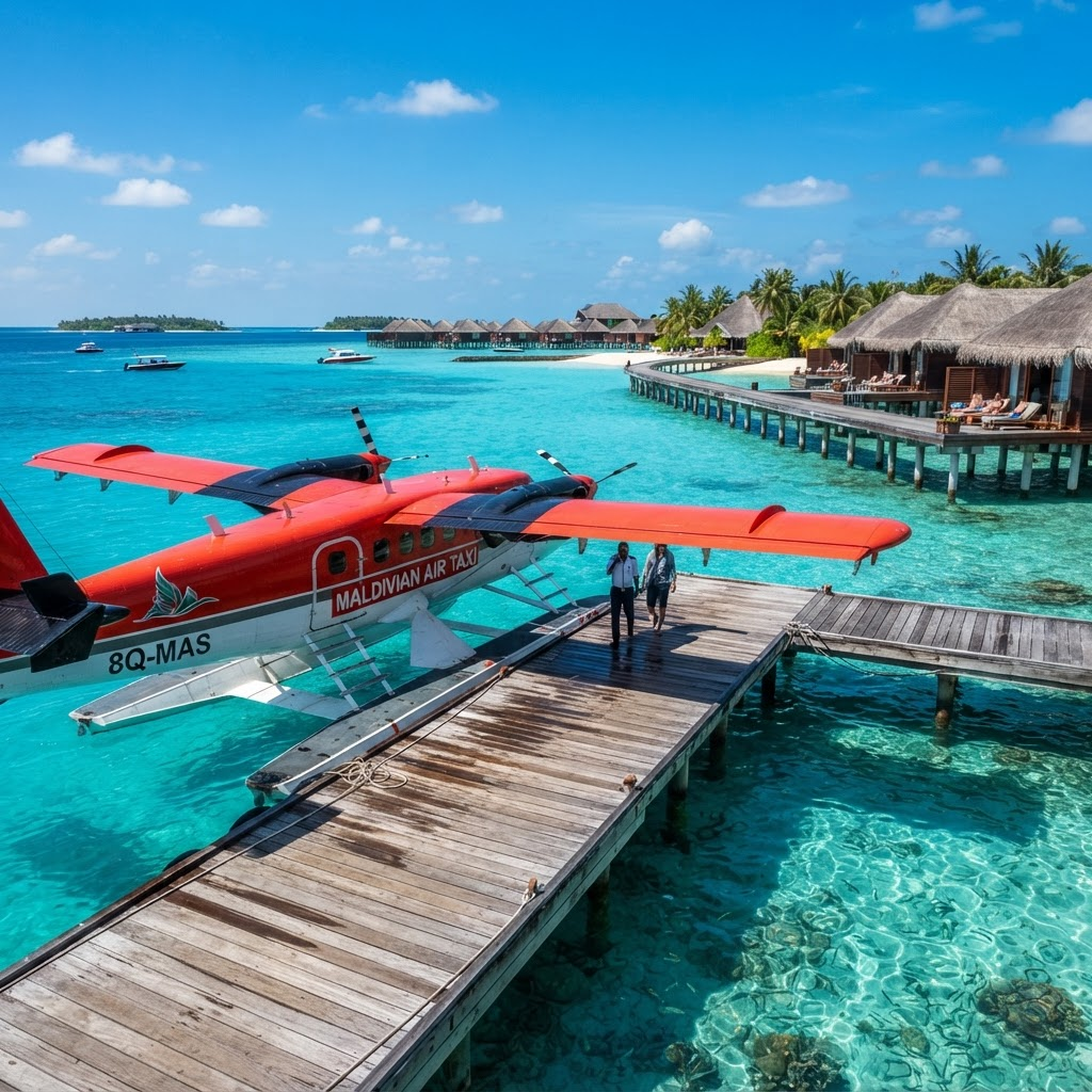 A Maldivian seaplane docked on a platform over clear water