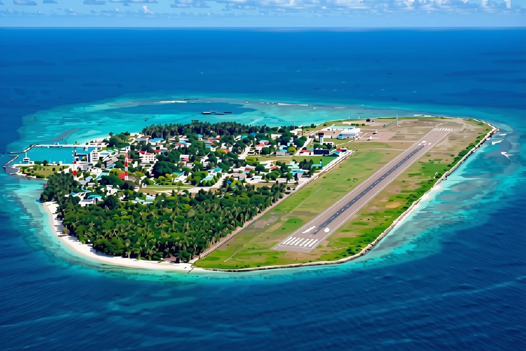 Aerial view of a Maldives island domestic airport