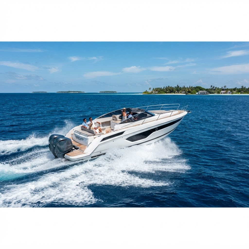 Private luxury speedboat cruising across the Maldives ocean