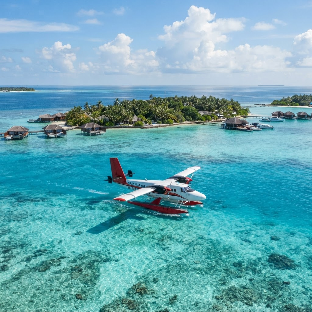 Seaplane taxiing on a turquoise Maldives lagoon